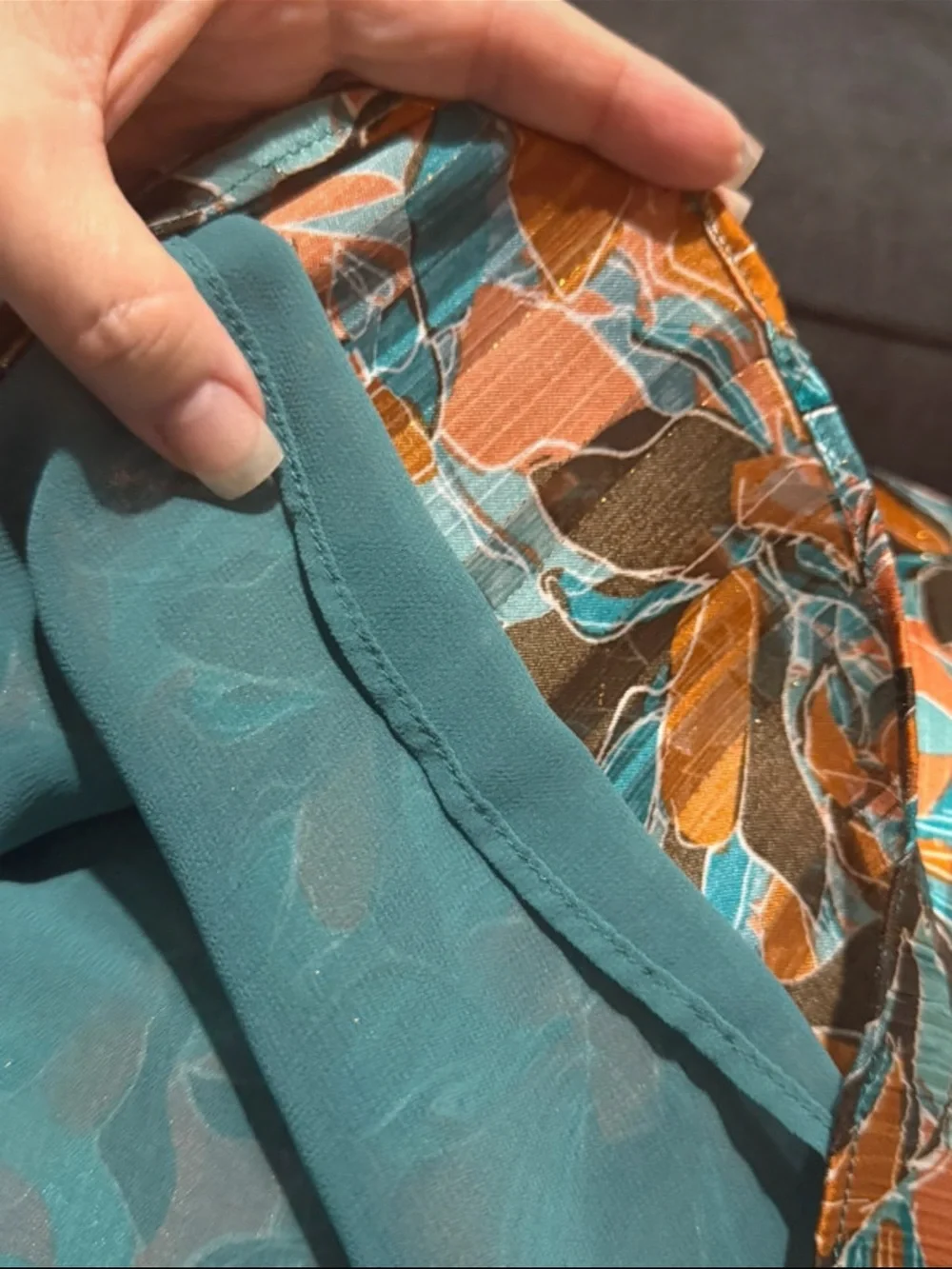Leaf-Print Long Sleeve Blouse in Teal, Orange & Brown